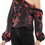 WAYF  Black Red Roses Off Shoulder Long Sleeve Satin Blouse Holiday party blouse Photo 0