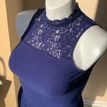EXPRESS Navy High Neck Lace Sleeveless Ribbed Keyhole Back Blouse Photo 1