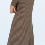 ZARA New  Ruffled Ruched Dress V-Neck Short Sleeve Midi Brown Stripe Photo 2