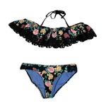 Time & Tru NEW Womens Black Floral Swimsuit Bikini Ruffle Lace Off Shoulder M Photo 4
