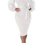 NEW Semi Formal Bishop Sleeve V Neck Bodycon Midi Dress M White Size M Photo 0