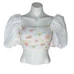 ZARA Poplin White Floral Puff Sleeve Smocked Crop Top, Sz XS Photo 0