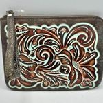 Patricia Nash Cassini Wristet Make Up Bag NEW Embossed Turquoise Leather Photo 1