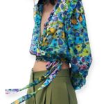 ZARA  Floral Ruffle Wrap Blouse Long Sleeve Sheer Tie Front Crop Top Boho Sz L Photo 2