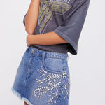 Free People FP Shine Bright Shine Far Medium Wash Denim Rhinestone Mini Skirt sz 4 NWT Photo 0