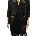 Bear Dance  Black Shawl Look Open Front Fringed Cardigan Crochet Knit Coverups M Photo 4