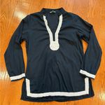 Southern Frock Navy Tunic Top XL – White Crochet Trim Boho Coastal Cotton Photo 0