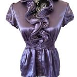 A Byer Satin Ruffle Blouse Metallic Formal Wedding Office Coquette Pinup Photo 0