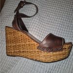 Prada  Brown Leather Raffia Wedge Sandals Size 36 Ankle Strap Studded Detail Photo 1