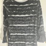 Karl Lagerfeld Paris Black Lace Blouse – Sheer Floral Top with Satin Ribbon Deta Photo 2