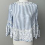 ZARA  Woman Blue and White Stripe Lace Blouse Top Bell Sleeve Women's XS Photo 0