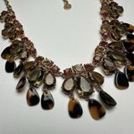 Talbots  Multi Color Rhinestone Faux Tortoise Gold Tone Statement Necklace Signed Photo 2