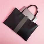 Vince Camuto Luck Tote Vegan Leather in Black with Gray Block Stripe on Front Photo 2