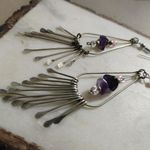 Long Vintage Silver Dangle Earrings Purple Amethyst Pearl Beads Fringe Photo 7