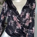 Deep v neck floral silky long sleeve dressy shirt Black Photo 1