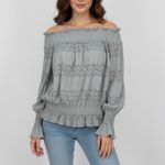 Womens Off Shoulder Smocked Lace Trimmed Blouse Long Sleeve Light Blue Size L Gray Photo 6