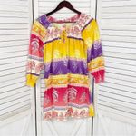 Joyous & Free Floral Damask Colorblock Tunic Dress Small Off Shoulder Smocked Yellow Photo 7