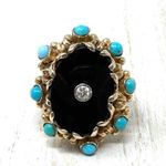 14K yellow gold, onyx, turquoise and diamond ring, vintage, size ~7 Gold Photo 1