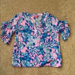 Lilly Pulitzer  Pink and Blue Ruffled 3/4 Sleeve Blouse Photo 0