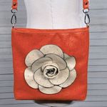 Faux Ostrich Leather Crossbody Purse Orange with Tan Flower Photo 1