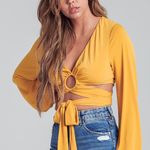Blue Blush MUSTARD RING DETAILED BUBBLE SLEEVE WAIST TIE CROP Photo 2
