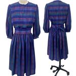 Vintage 80s Iridescent Plaid Fit & Flare Midi Dress Belted Long Sleeve Womens XS Blue Photo 1