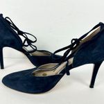 Boden Suede Leather Heels Size 38 US 7 Navy Blue T Strap Bow Tie Detail 3.5 Heel Photo 2