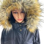 DKNY Women's Parka Jacket Size M Black Solid Polyester Faux Fur Trim Hooded Zip Photo 3