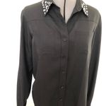 IMAN Womens Shirt Black Diamante Collar Size Medium Black long Sleeves New Photo 0