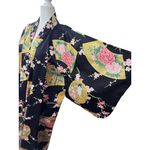 NEW Smithsonian S Black Kimono Robe Floral Fan Crane Yukata Made Japan Photo 6