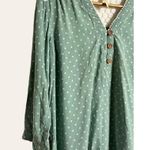Matilda Jane Green Lace Polka Dot Print V-Neck 3/4 Sleeve Button Up Top Size L Photo 3