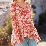 Peruvian Connection  floral orange white peplum ruffle Lacquer Woodblock blouse Photo 7