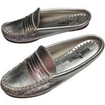 Minnetonka  Silver Metallic Leather Open Back Penny Loafer Moc Toe Mule Flats 6 Photo 0