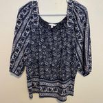 Lucky Brand  Navy Blue Boho Peasant Top Floral Border Print Medium Photo 0