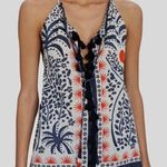 Farm Rio Tank Top Afternoon Breeze Beaded Tassel Tie Cotton Blouse Sz L NWT Photo 0