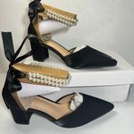 Closed Toe Pearl Heels Satin Wedding with Bow Chunky Block Heels Prom Evening Black Size 8 Photo 0