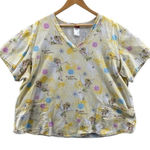 Disney  Scrub Top‎ Womens 2XL Yellow Cotton Tinkerbell Pockets Photo 0