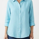LL Bean Aqua Blue Washable Linen 3/4 Sleeve Button Up Shirt Size LARGE Photo 0