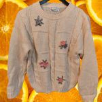 Cream Cable Knit Floral Embroidered Sweater Photo 0