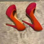 Penny Loves Kenny  Pink & Orange Suede with Gold Beaded Top Accent Heels Photo 9