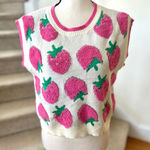 Luna Ivy Pink & White Strawberry Knit Sweater Vest Preppy Whimsical Cottage Size L Photo 0