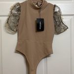 Pretty Little Thing Nude Crepe High Neck Snakeskin Organza Puff Sleeve Bodysuit Photo 3