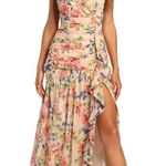 Lulus NWT Stunning Soiree Blush Pink Floral Print Ruched Midi Dress Photo 0