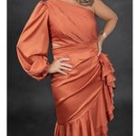 Mac Duggal  Pleated Cascade Detail One-Shoulder Satin A-Line Gown in Orange US 6 Photo 2