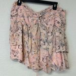 Anthropologie Floral Ruched Mini Skirt Tiered Pink Size Large Photo 1
