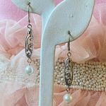 Dangle Earrings Silver Tone Filigree Faux Pearl Drop Leverback Jewelry Photo 0
