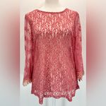 Gimmicks by BKE Sheer Mauve Mixed Lace Bell Sleeve Top w Eyelash Fringe Small Photo 6