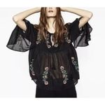 ZARA Trafaluc Boho Black Floral Embroidered Sheer Long Bell Sleeve Peasant Top M Photo 2