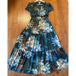 Nicole Miller Nicole Mille floral satin look smocked waist ruffle sleeve maxi dress small Photo 7