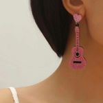 Boutique Pink Glitter Guitar and Heart Charm Drop Barbiecore Eras Statement Earrings Photo 3